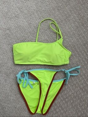 aerie Neon Lime Green Bikini with Brown Trim and Light Blue Ties